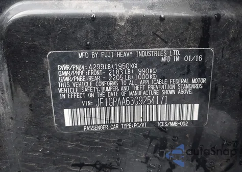 2016 Subaru Impreza 2.0I from USA, damaged, VIN JF1GPAA63G9254171